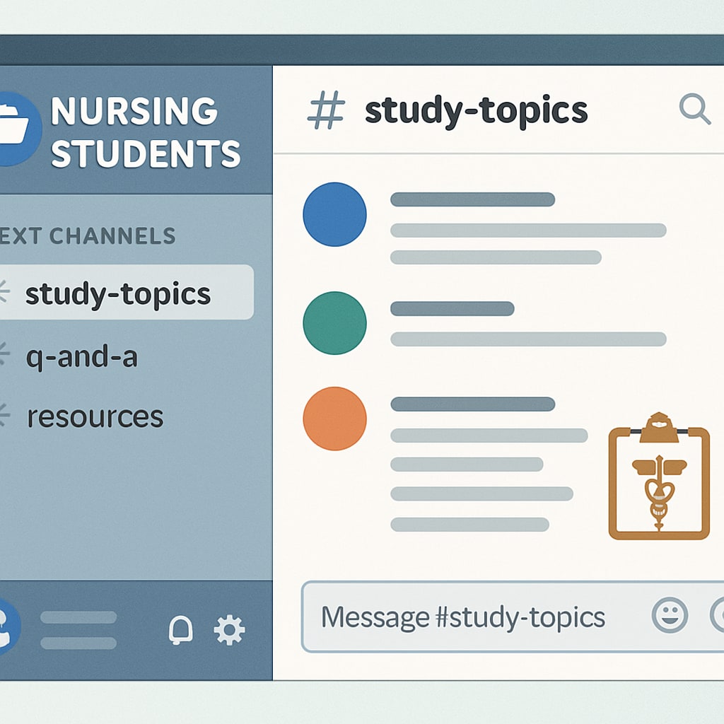 A screenshot of a Discord server tailored for nursing students, showcasing channels for study topics, Q&A, and resources. A Discord server for nursing students with channels for study topics and Q&A.