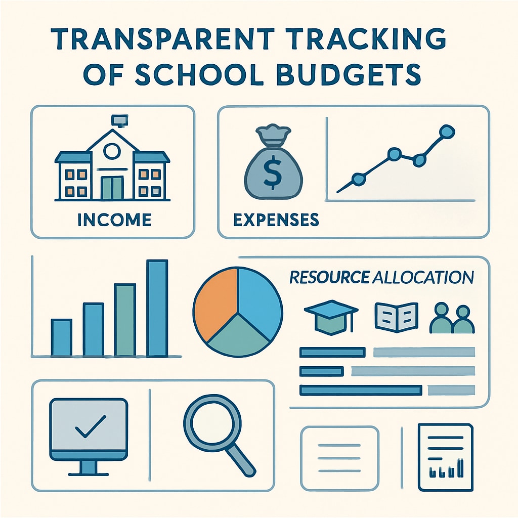 A graphic showing a proposed transparent tracking system for school budgets. Transparent tracking system for school budgets with categorized expenses.