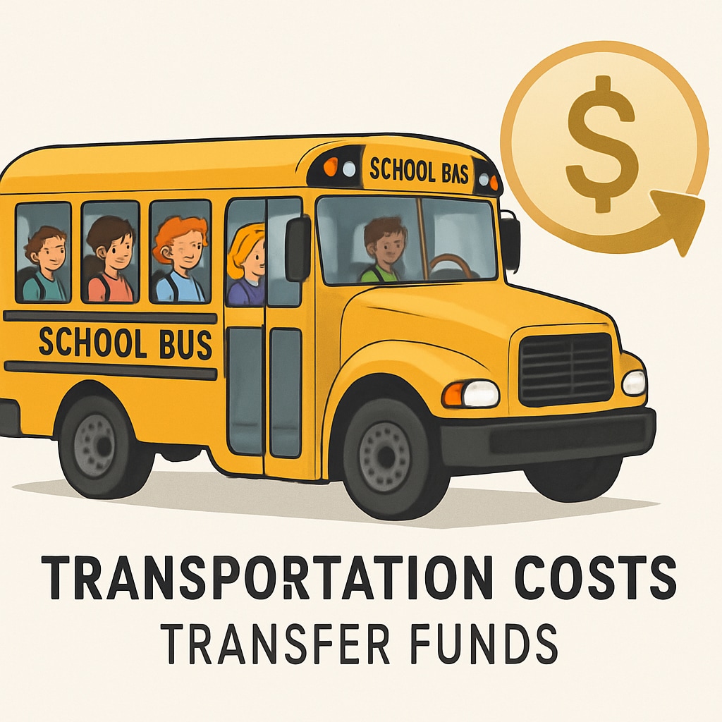 A school bus transporting students, symbolizing the use of transportation costs in transfer funds accounting School bus and transportation costs related to transfer funds in school budgets