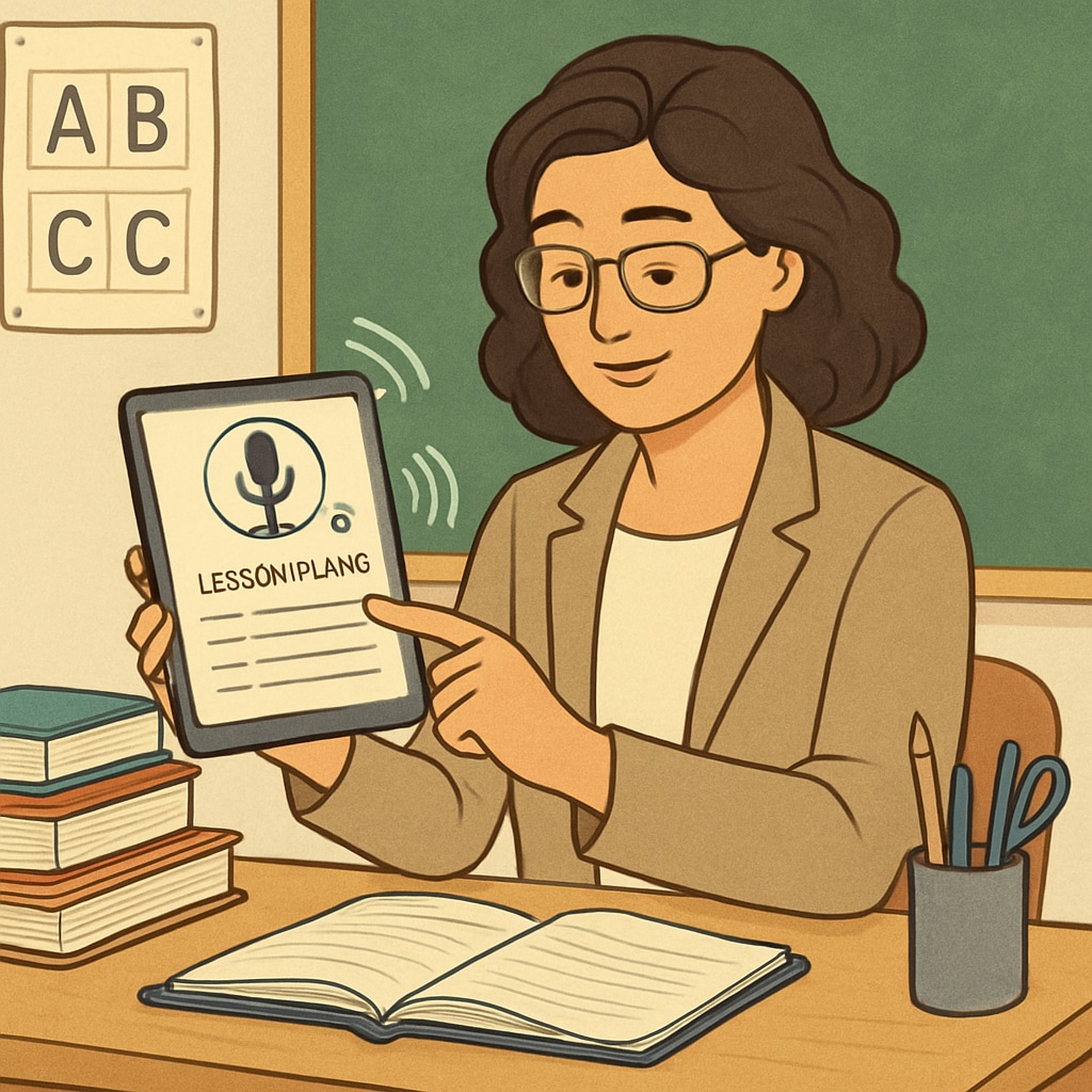 A teacher using a speech-to-text tool on a tablet to draft lesson plans in a classroom. Teacher utilizing speech-to-text technology for lesson planning in a classroom.