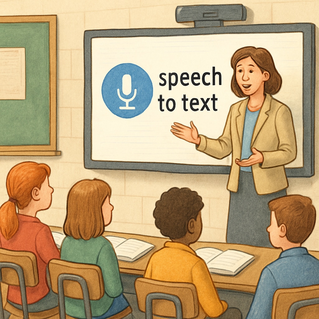 A teacher demonstrating speech-to-text technology to a group of students during a collaborative lesson. Educator explaining speech-to-text tools to students during a group activity.