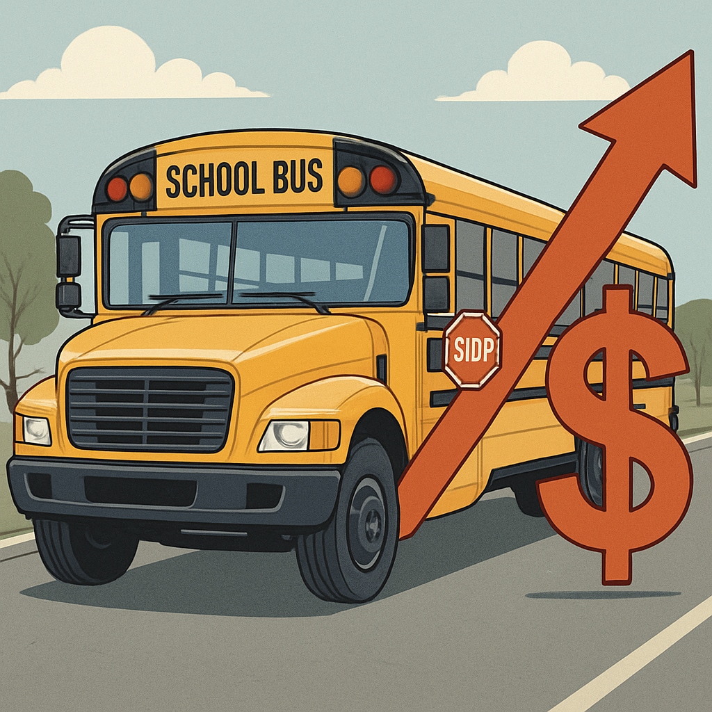 A school bus highlighting transportation costs in K-12 budgets.