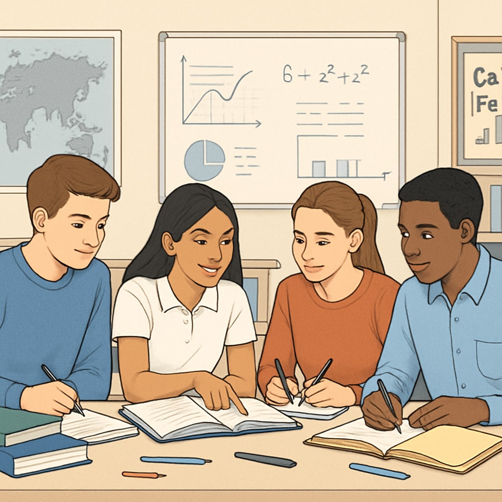 A group of A-level students studying together in a classroom, preparing for their retakes. Students preparing for A-level retakes in a classroom environment.