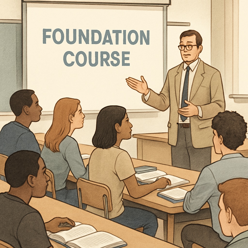 Students attending a foundation course lecture at a university campus, listening to a professor. Foundation course students attending a lecture on university campus.