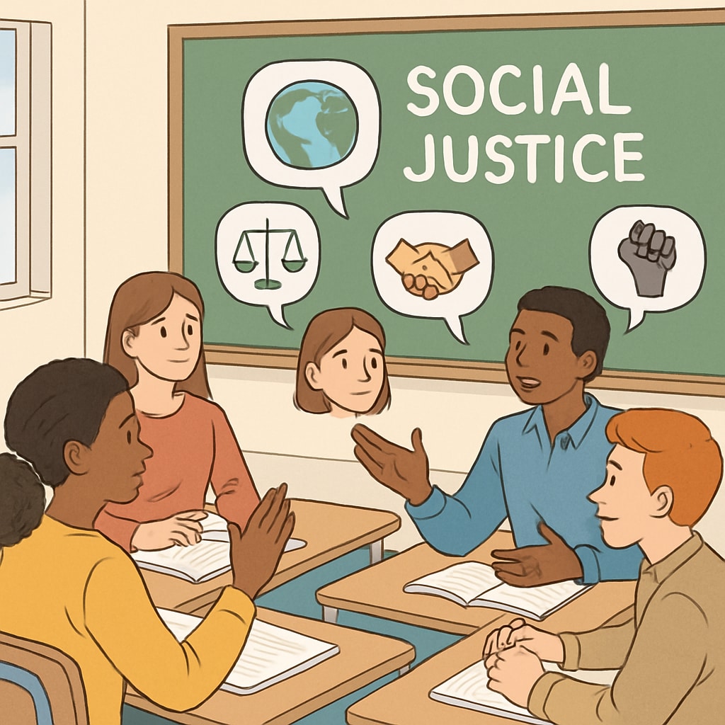 A classroom setting where students are engaged in a discussion about social justice issues, representing wokeness in education. Students discussing social justice issues in a classroom setting.