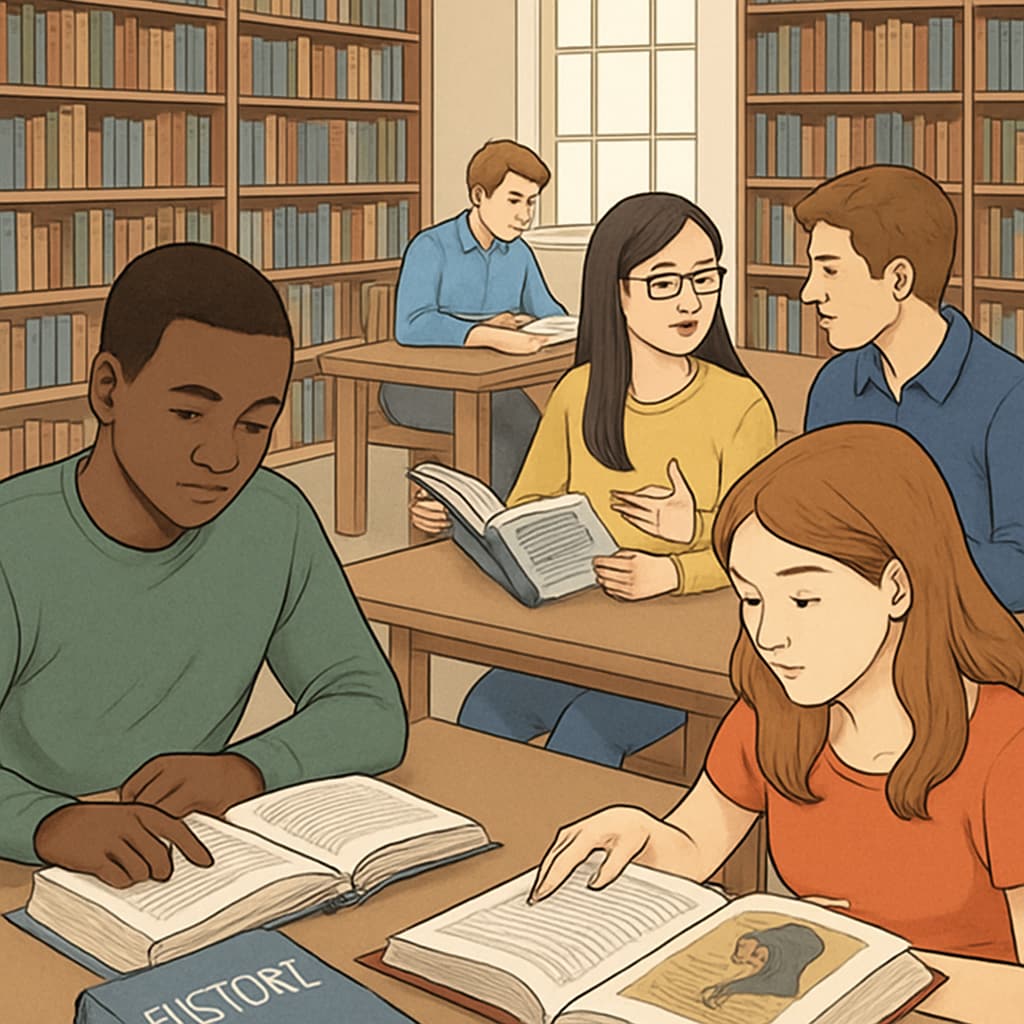 Students in a library studying diverse historical texts, reflecting the integration of wokeness into academic curricula. Students studying historical texts in a library, representing wokeness in education.
