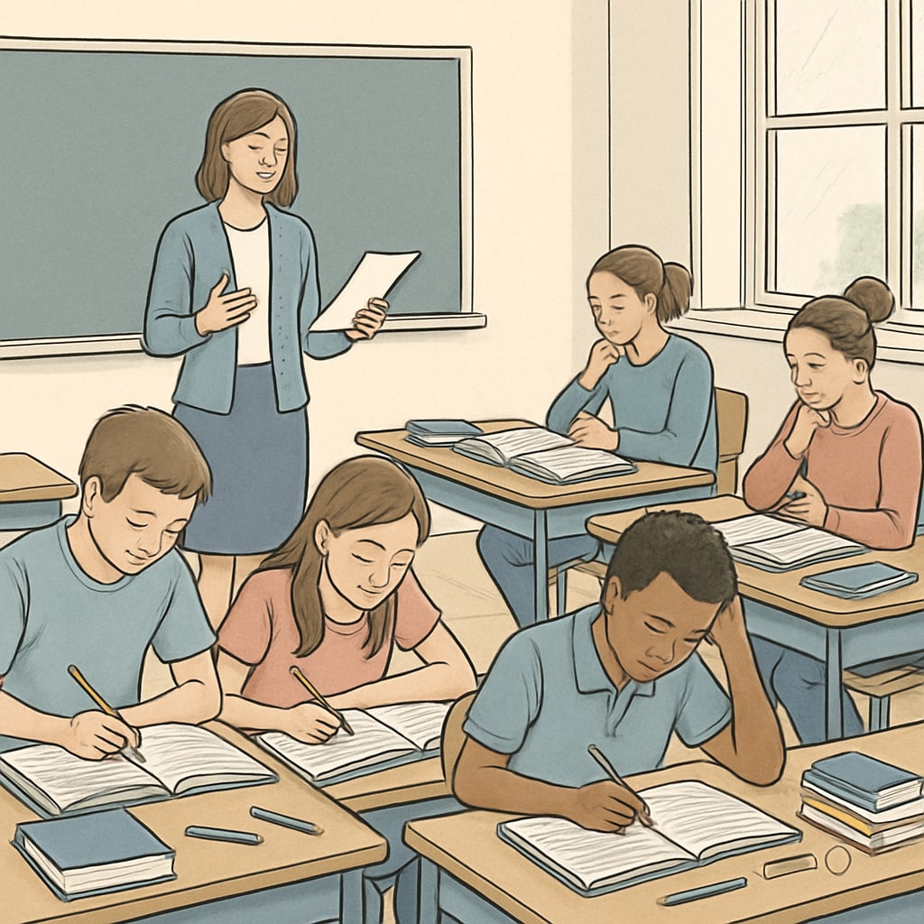 A classroom setting with students preparing for exams, symbolizing the importance of A-Level studies. Students preparing for A-Level exams in a classroom setting.