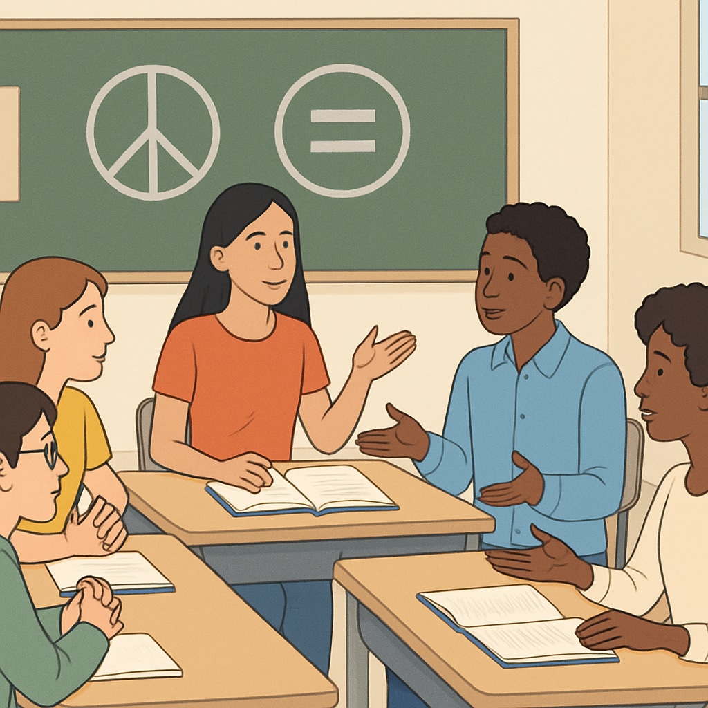 A classroom setting with diverse students engaged in a discussion about social issues, symbolizing the concept of wokeness in education. Diverse students discussing social issues in a classroom, representing wokeness in education.