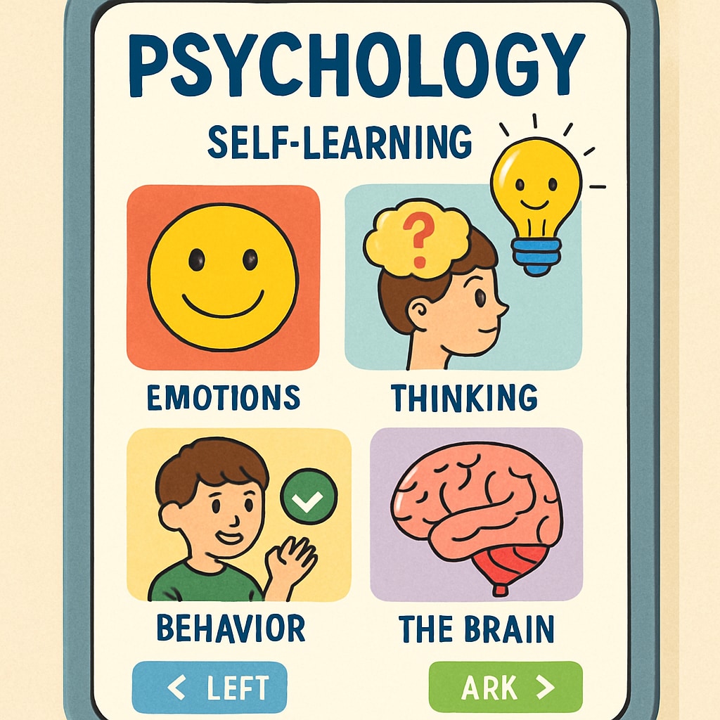 A screenshot of a colorful educational app teaching basic psychology concepts, designed for children. This image highlights a digital tool for self-learning in psychology. Educational app for psychology learning in kids