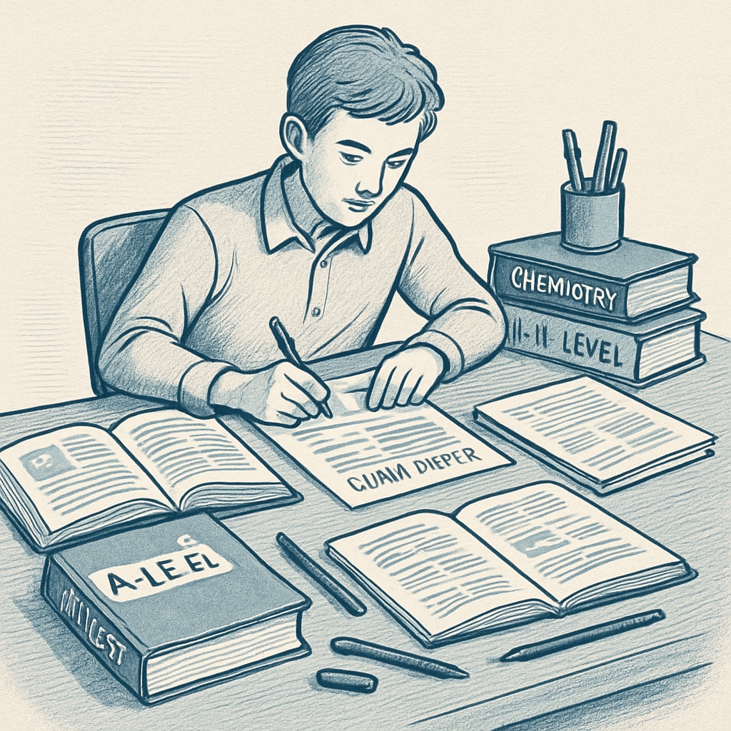 A student studying at a desk with textbooks and exam papers, representing A-Level exam preparation. Student revising for A-Level exams at a desk with study materials.