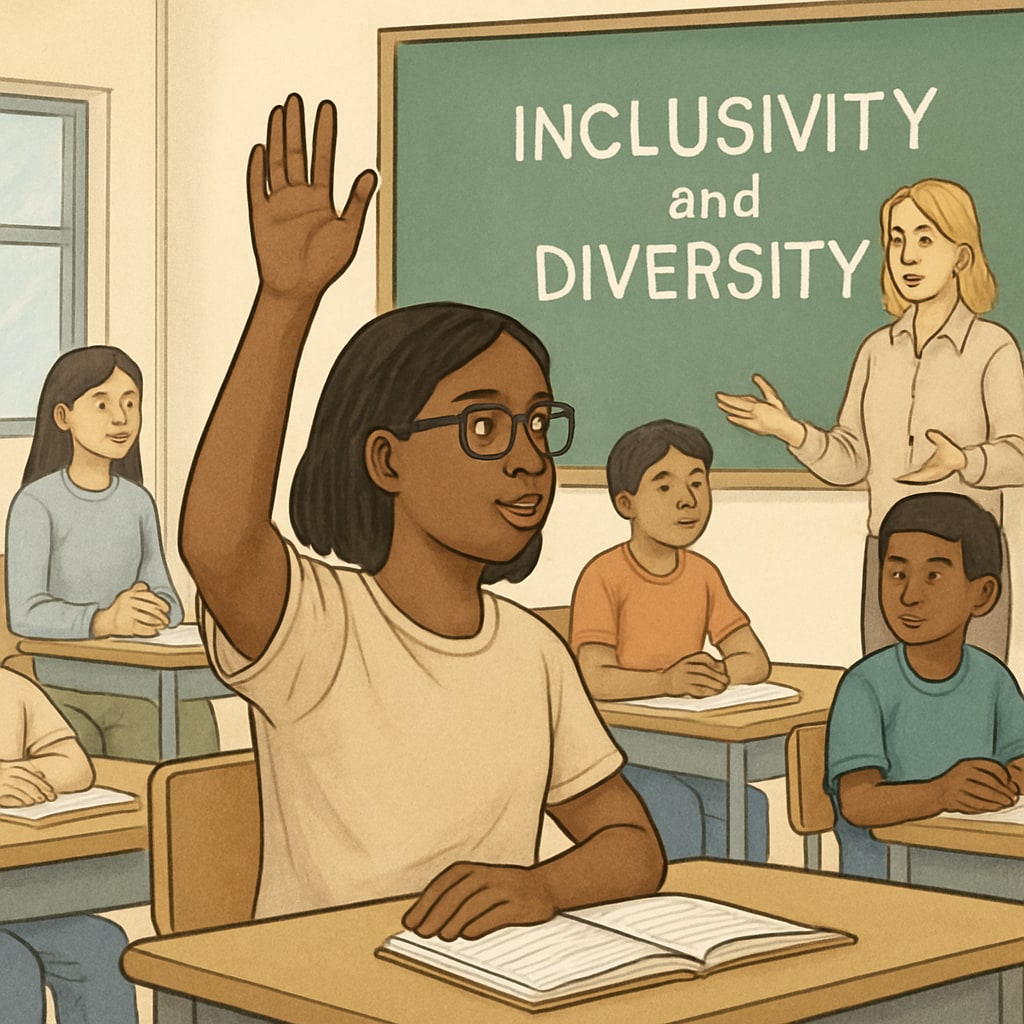 A student raising their hand in a classroom discussion, representing active engagement in a conversation about inclusivity and diversity. A student participating in a classroom discussion on inclusivity and diversity, symbolizing engagement with wokeness topics.