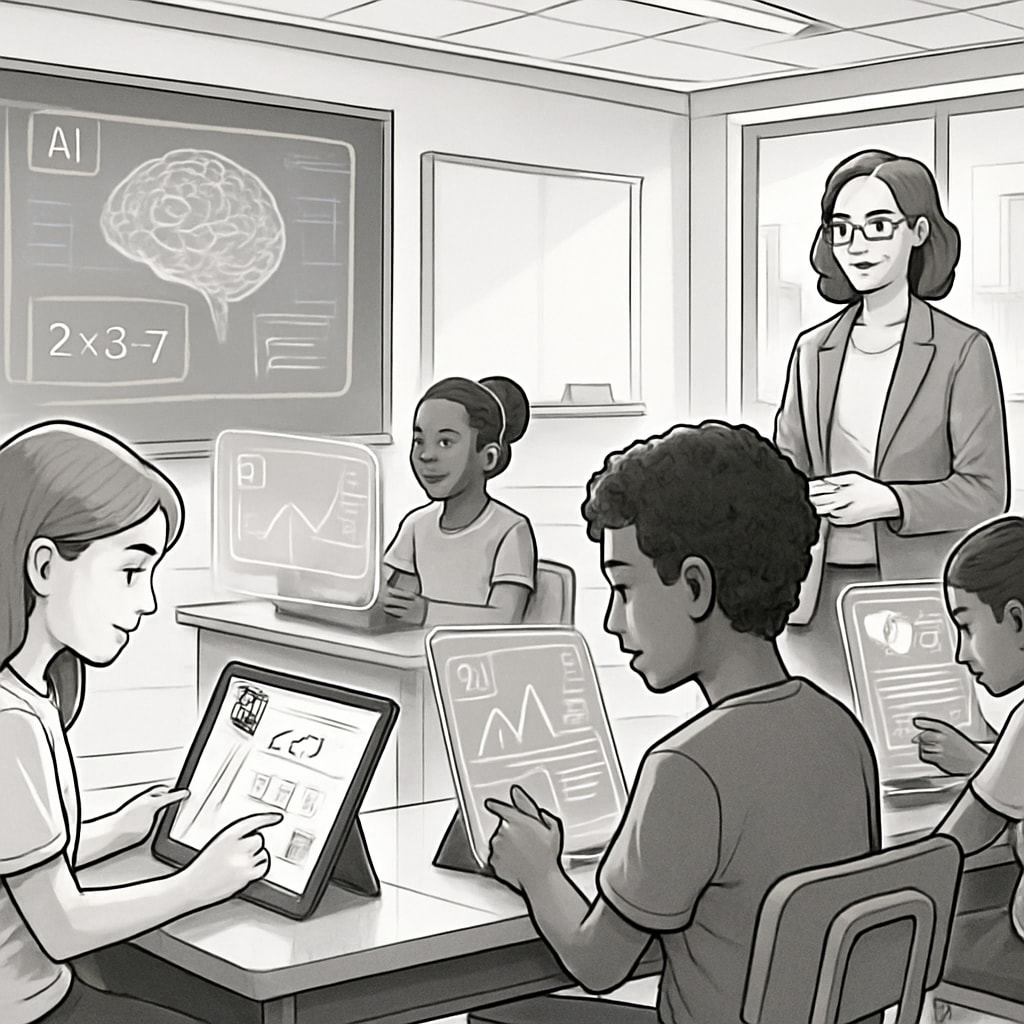 A futuristic classroom setting with students using AI-powered devices for personalized learning. Students in a smart classroom using AI tools for personalized learning.