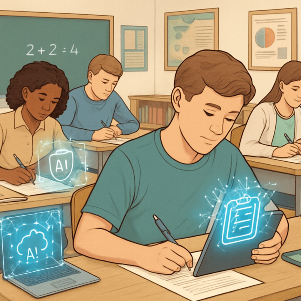 A classroom filled with students taking a standardized test, with a digital overlay symbolizing AI integration in education. Students taking a standardized test with AI-enhanced educational tools depicted.