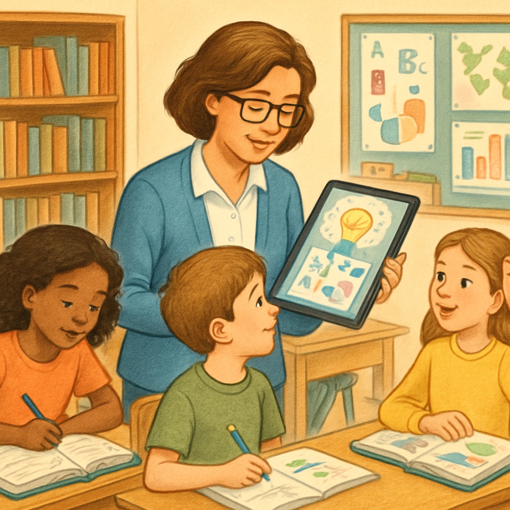 A teacher collaborating with AI-powered tools to create a dynamic and engaging classroom experience. Teacher using AI tools to enhance classroom interaction and lesson planning.