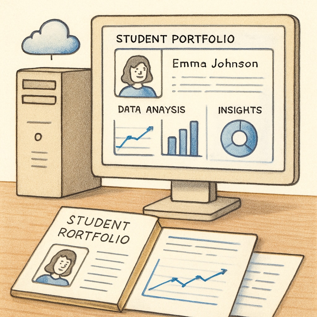 An AI-powered platform analyzing student portfolios with graphs and insights displayed on-screen. AI analyzing student portfolios for advanced education evaluation.