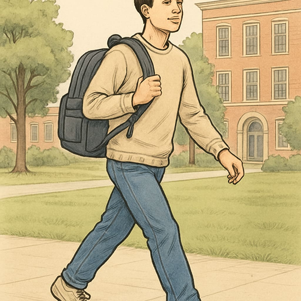 A casual college student walking across campus wearing a stylish, practical backpack. College student with a practical and stylish backpack walking on campus.