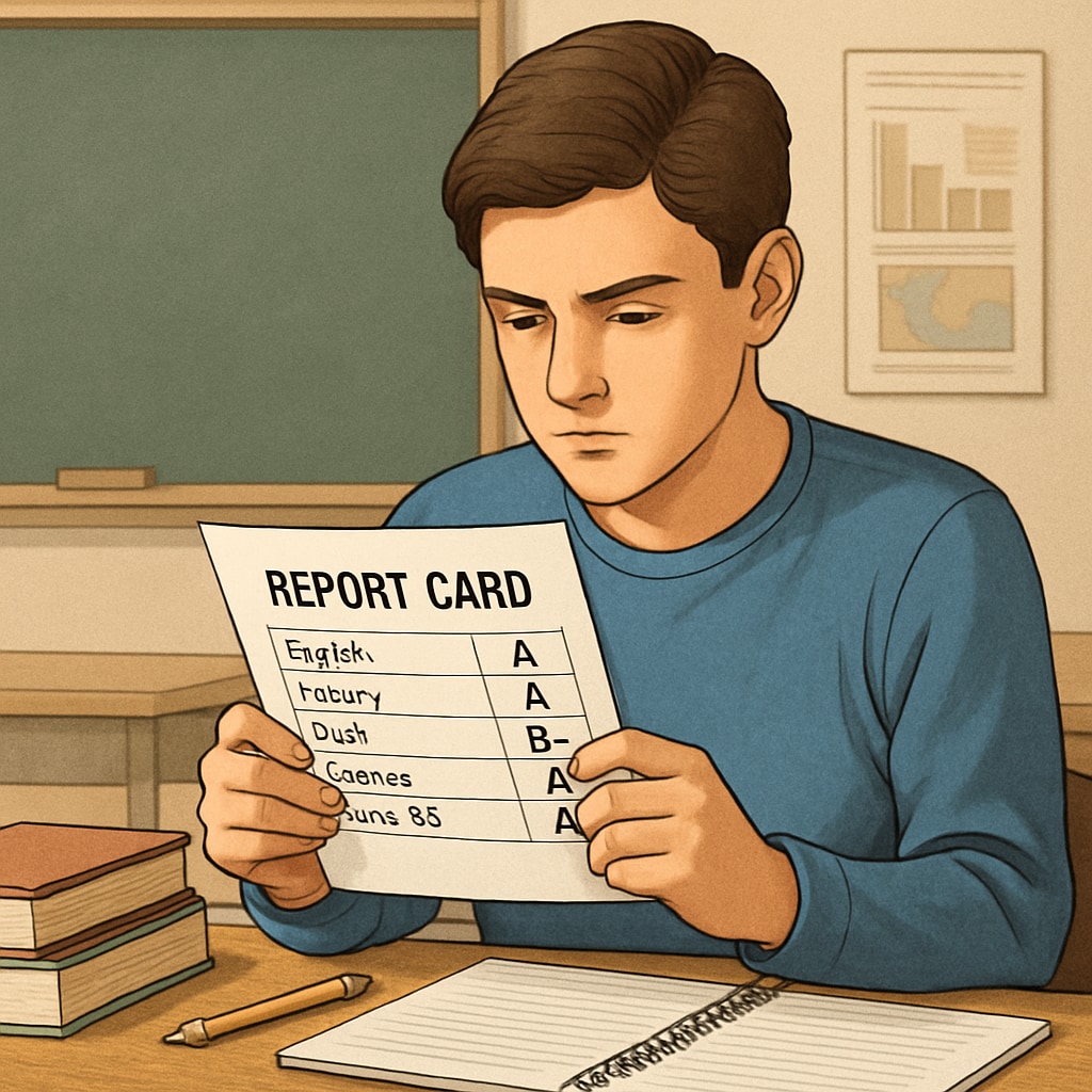 High school student reviewing report card
