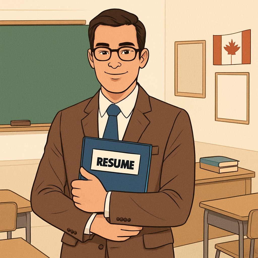 A well-dressed teacher holding a resume folder, preparing for an interview in a Canadian school setting. Canadian teacher holding a resume folder for a job interview.