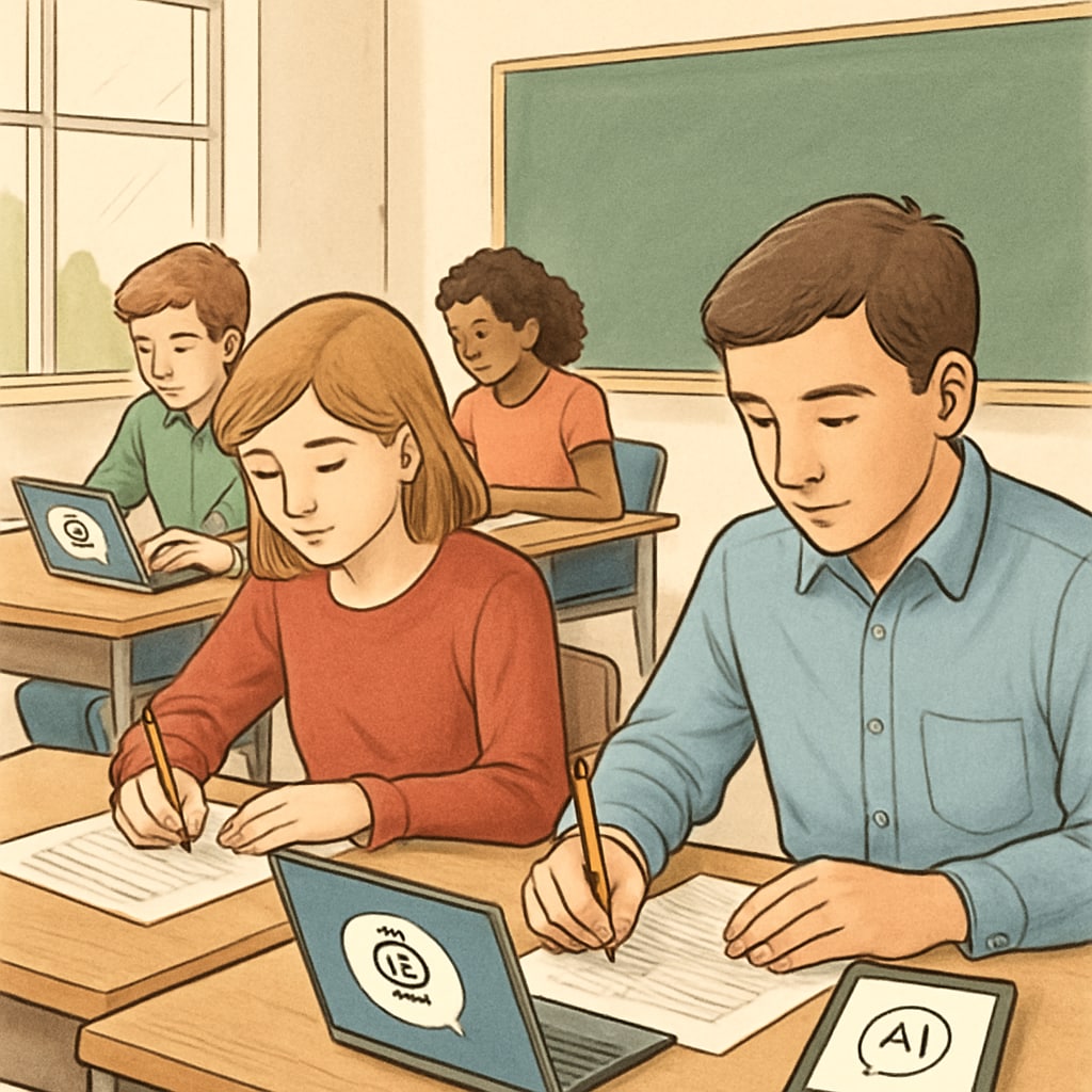 A classroom setting showcasing students using AI-powered tools during an exam, representing the integration of technology into competitive testing. Students using AI tools during competitive exams in a classroom setting.