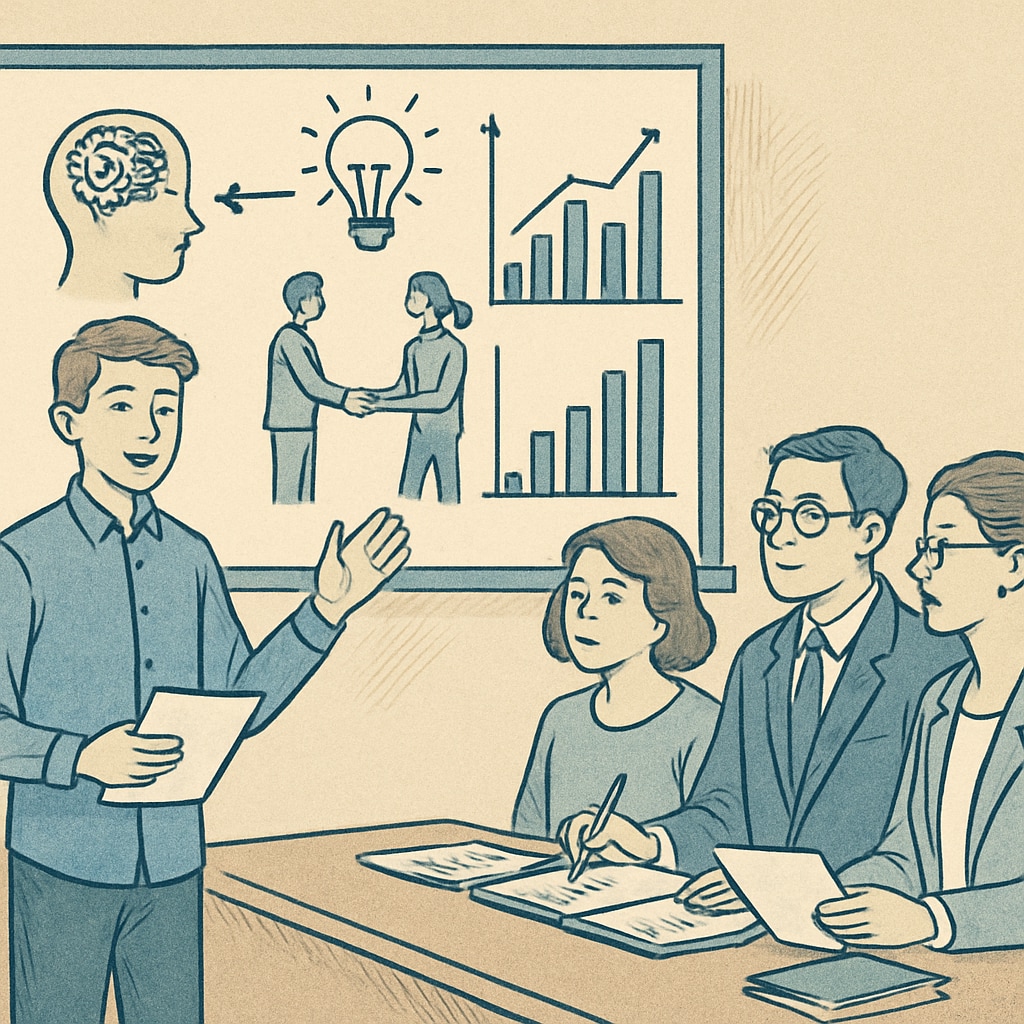 A student presenting a collaborative project with AI-enhanced visuals during an evaluation, symbolizing creative and innovative assessment methods in education. A student using AI visuals for a collaborative project presentation during an evaluation.