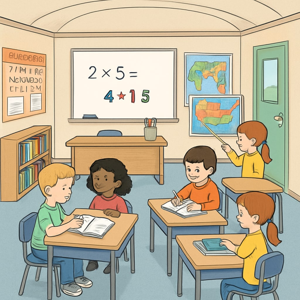 A compact temporary classroom setup with children interacting and learning. Temporary campus classroom environment with engaged primary school students.