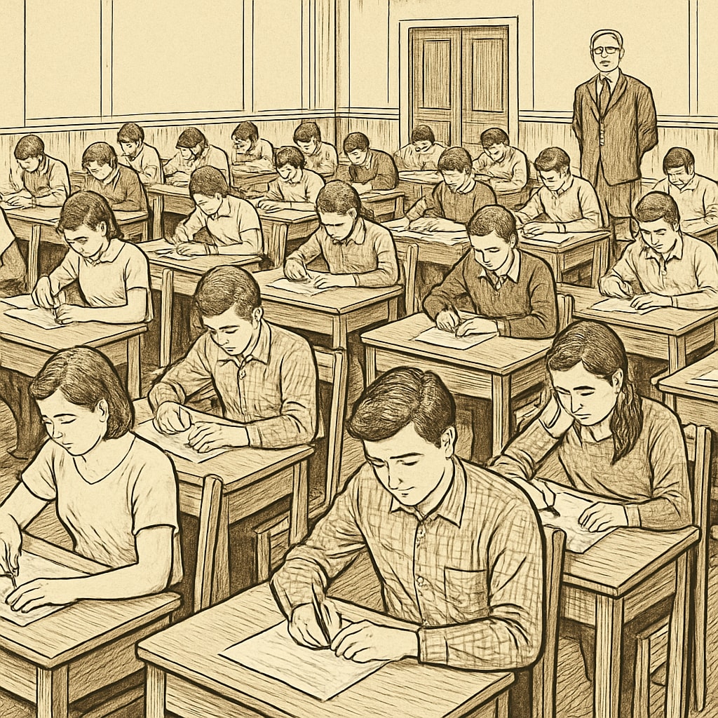Students taking a traditional standardized test in an examination hall, highlighting the outdated competitive exam format. Traditional competitive exams under scrutiny in the AI era