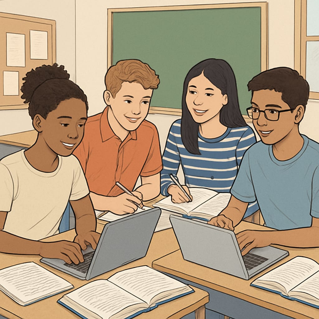 A diverse group of high school students studying together using laptops, books, and notes. A group of students engaging with external education resources like books and online courses.