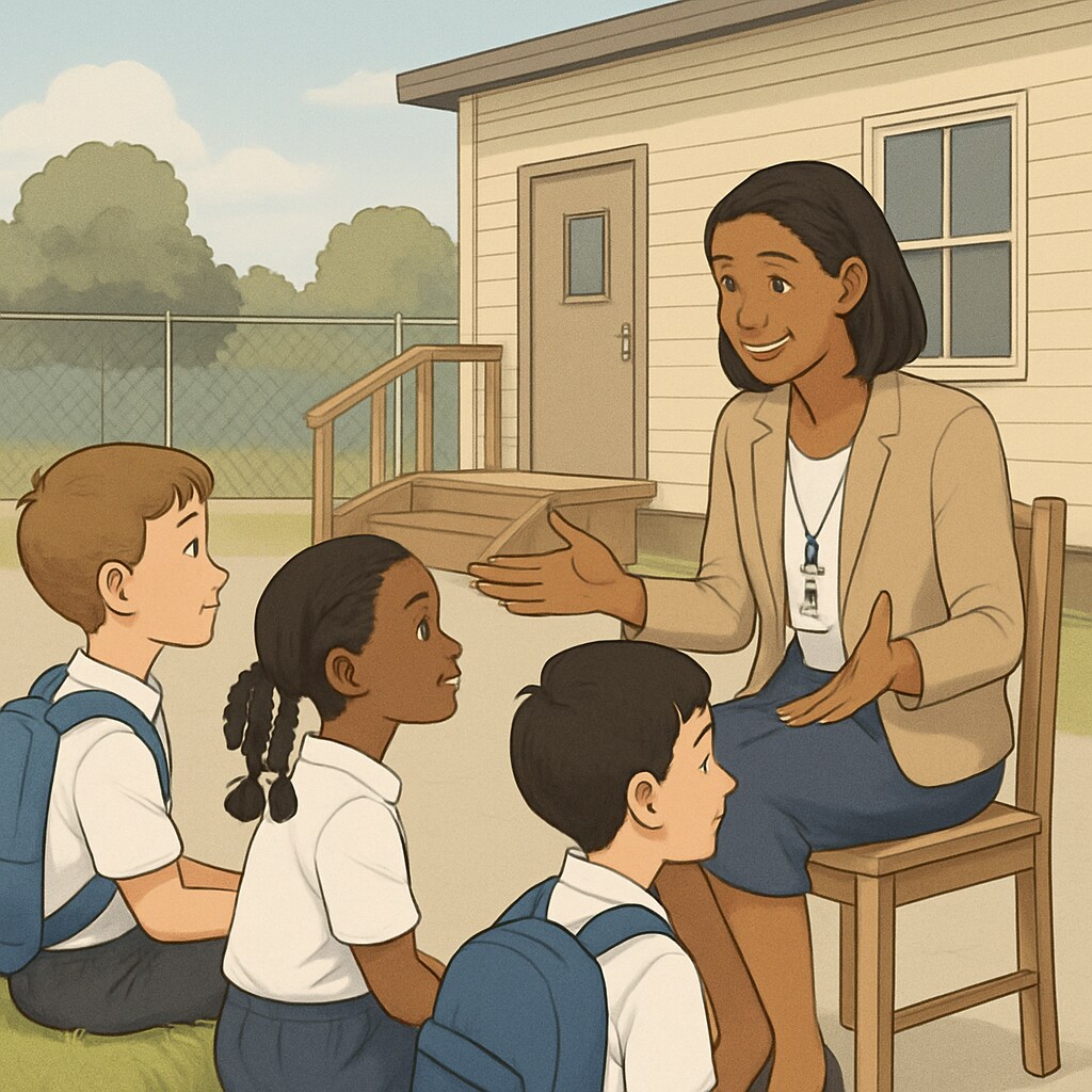 A school counselor engaging with primary school students in a temporary campus setting. Counselor supporting primary school children in a temporary school environment.