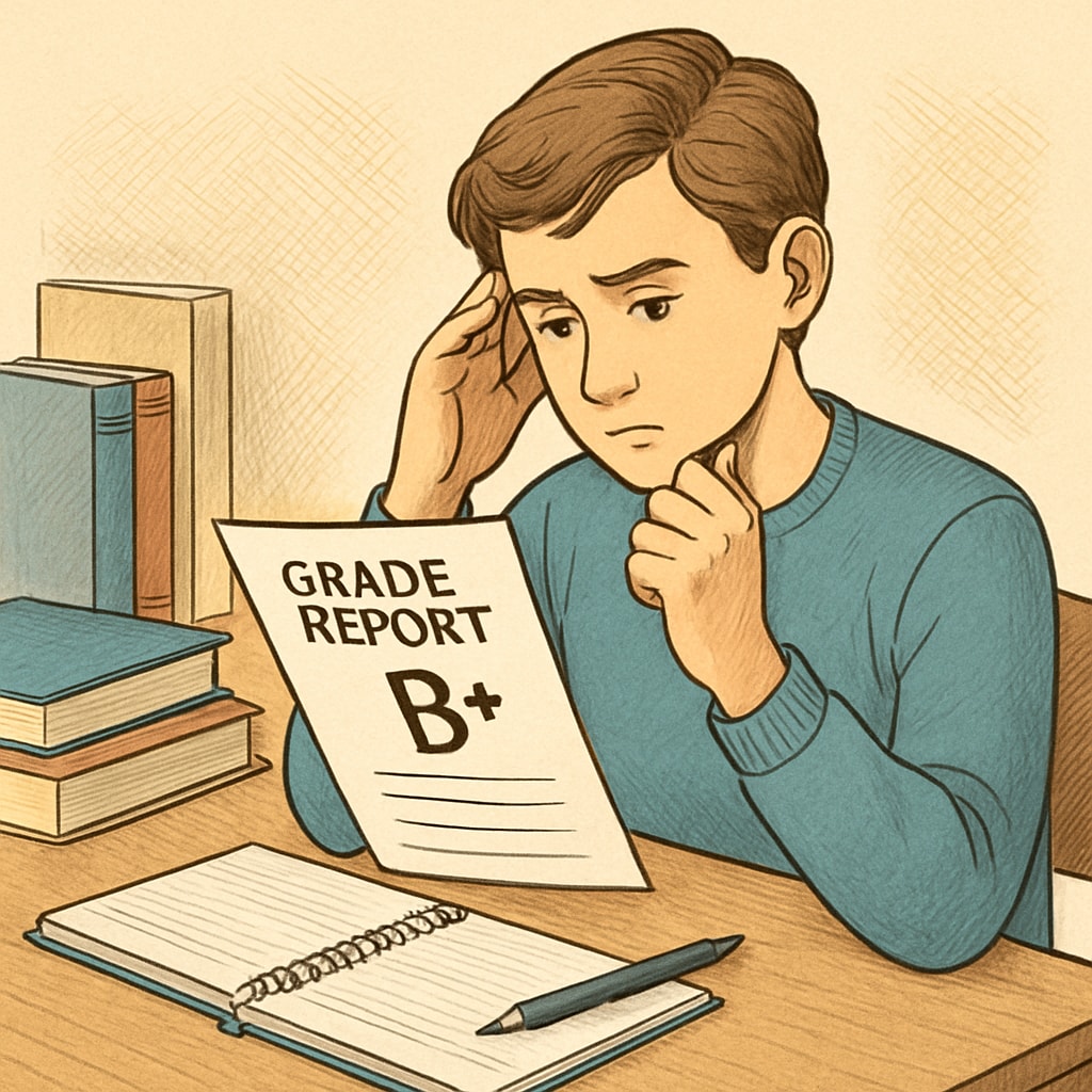 A student looking at their grade report thoughtfully, symbolizing reflection and planning. A student reviewing grades and considering academic improvement strategies.