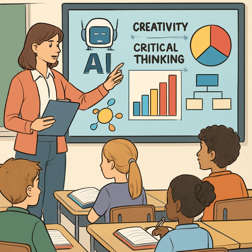 A teacher using an AI-powered learning platform to assess students’ creativity and critical thinking in a classroom setting. AI tools in education reform for competitive exams