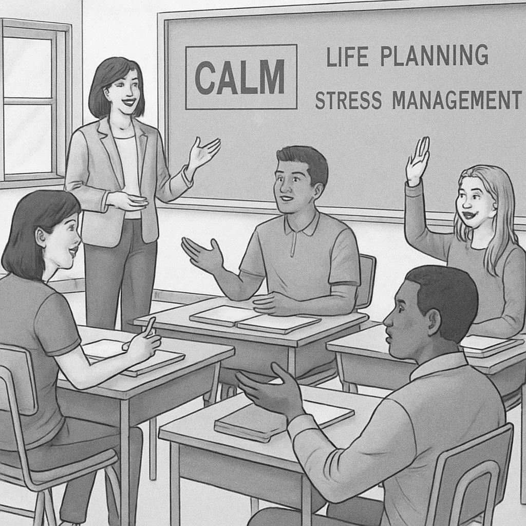 A classroom setting where students are engaging in a CALM course discussion about life planning and stress management. Students participating in a CALM course on life skills and stress management.