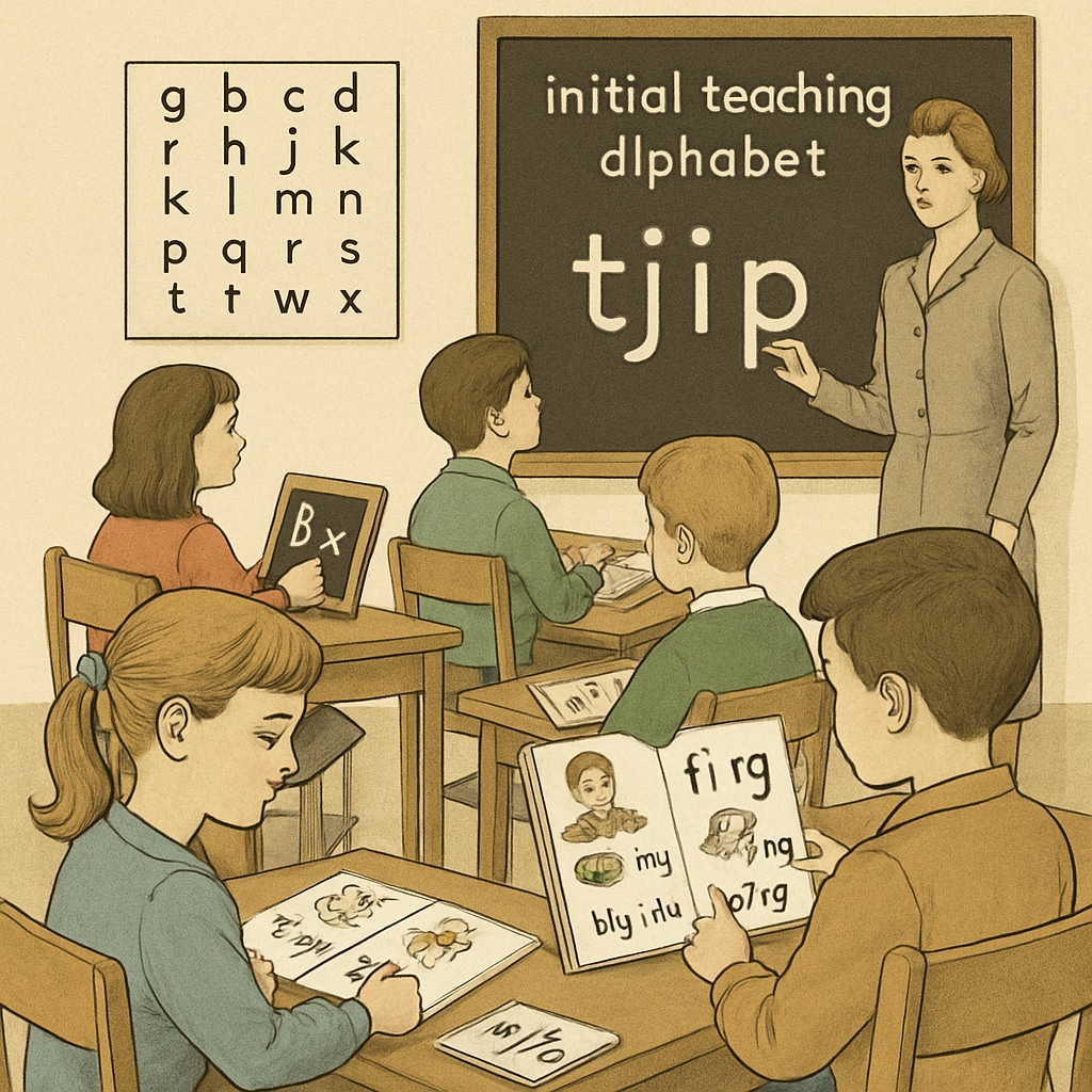 Classroom scene with children learning ITA phonetic alphabet, showing simplified spelling methods.