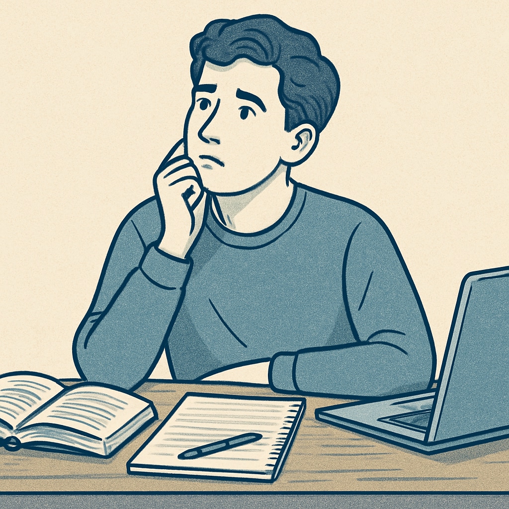 A student reflecting on their academic journey, with books and a laptop nearby Student contemplating academic progress while studying with books and a laptop