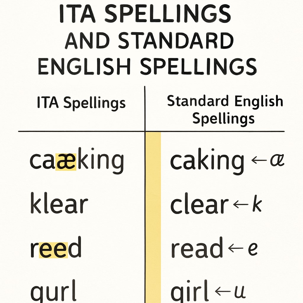 Comparison chart showing ITA spellings like “enuf” versus standard English spellings like “enough.”