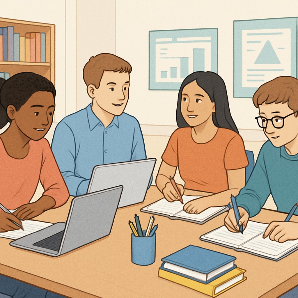 A group of diverse students sitting around a table, working collaboratively on laptops and notebooks in a study group setting. Students collaborating in a study group setting.
