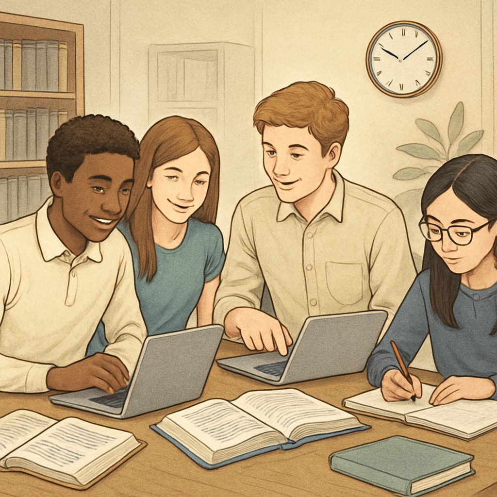 A group of high school students studying together with laptops and textbooks to symbolize extracurricular learning resources. High school students using extracurricular learning resources like laptops and textbooks.