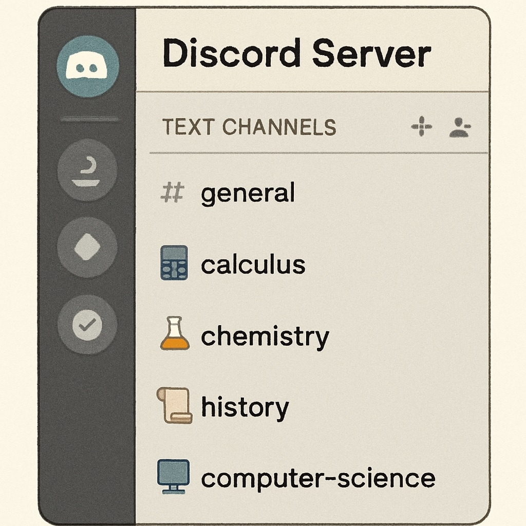 A screenshot of a well-organized Discord server with multiple study channels dedicated to different university courses. Organized Discord server for study groups.