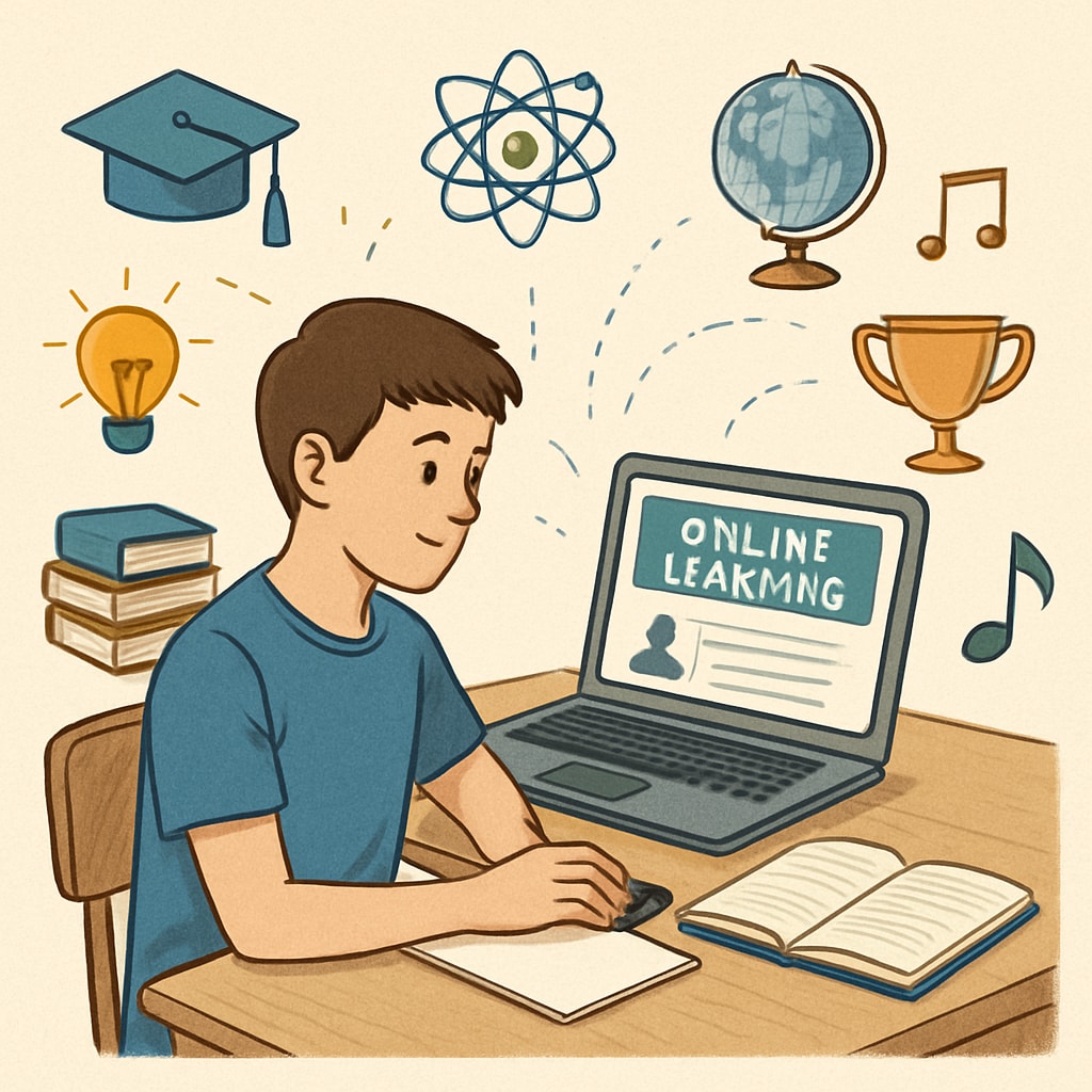 A student using an online learning platform on a laptop, highlighting the accessibility of extracurricular learning resources. Student accessing extracurricular learning resources through an online platform on a laptop.