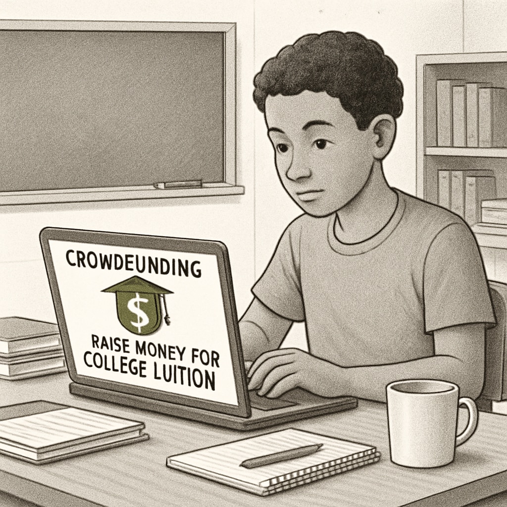 A student sitting at a desk, creating a crowdfunding campaign on their laptop to raise money for college tuition. A student using a laptop to create a GoFundMe campaign for college tuition.