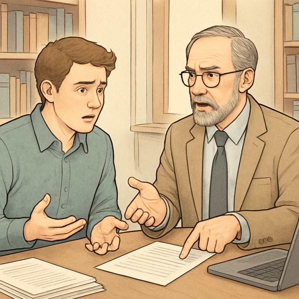 A concerned student speaking with a professor in an academic office setting, visually representing the tension and misunderstanding surrounding plagiarism accusations. Student discussing plagiarism accusations with a professor
