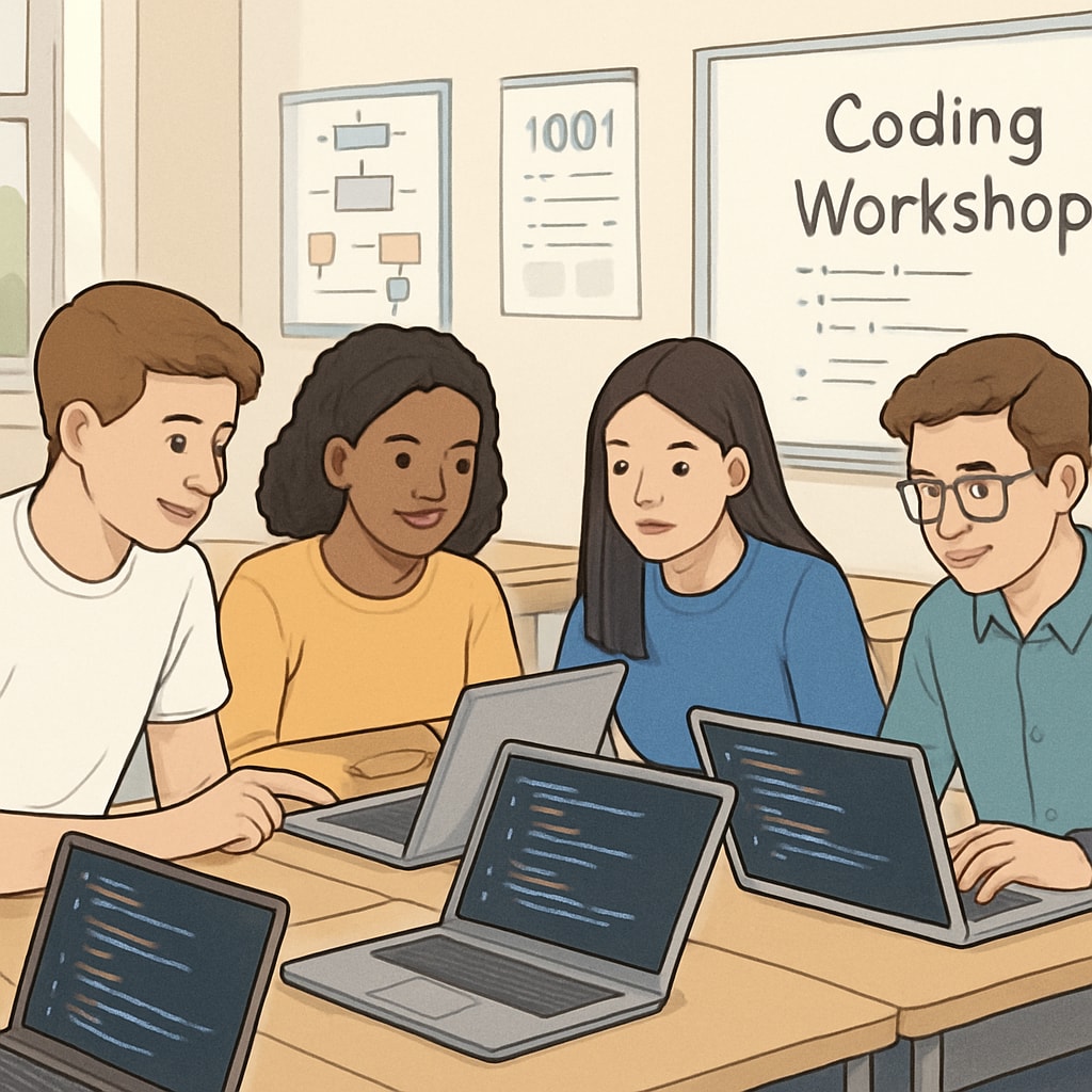 A group of high school students participating in an extracurricular coding workshop, collaborating on laptops in a classroom setting. High school students in a coding workshop as part of extracurricular learning opportunities.