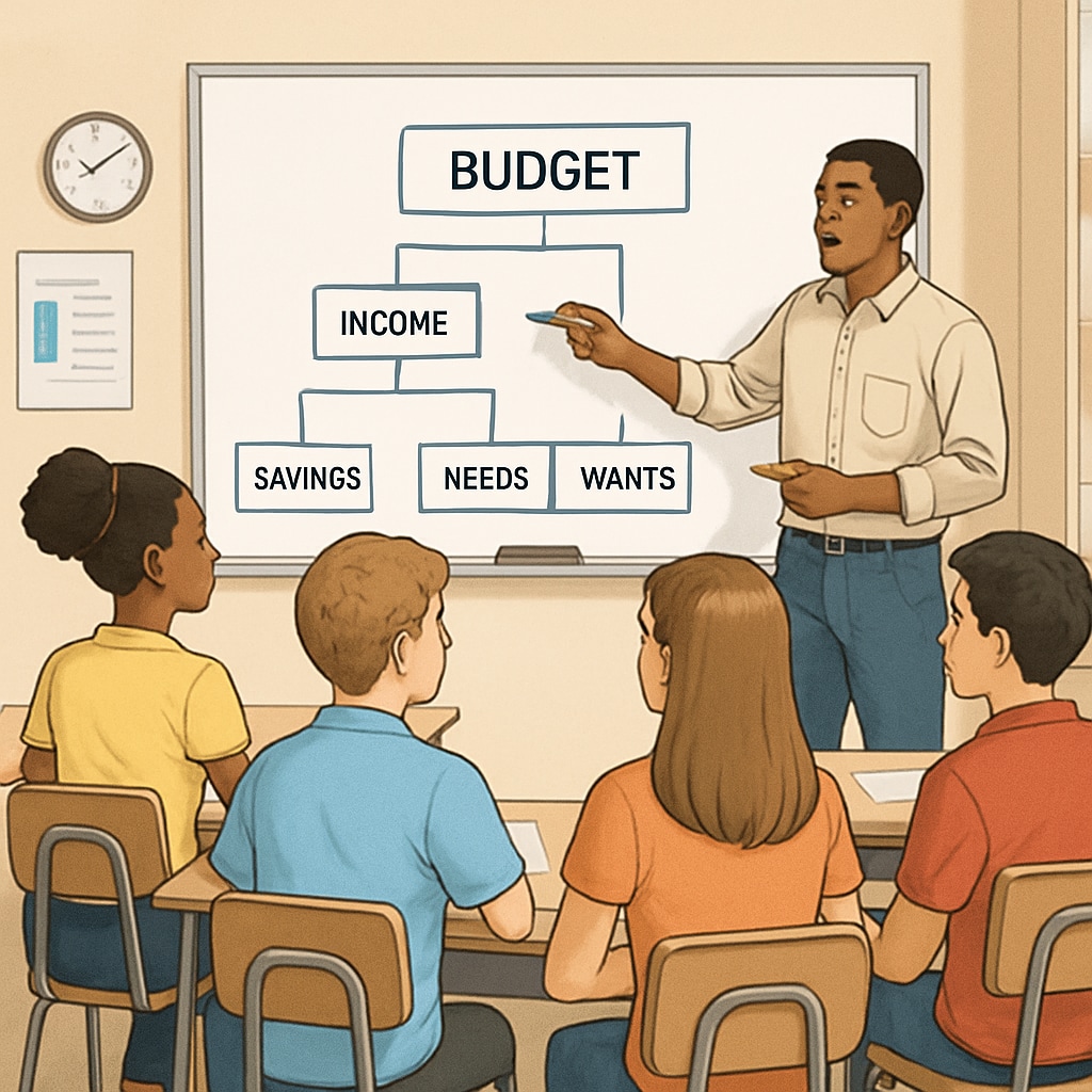 A group of high school students attending a financial literacy workshop, with a teacher explaining budgeting on a whiteboard. High school students learning financial literacy to prepare for future educational expenses.