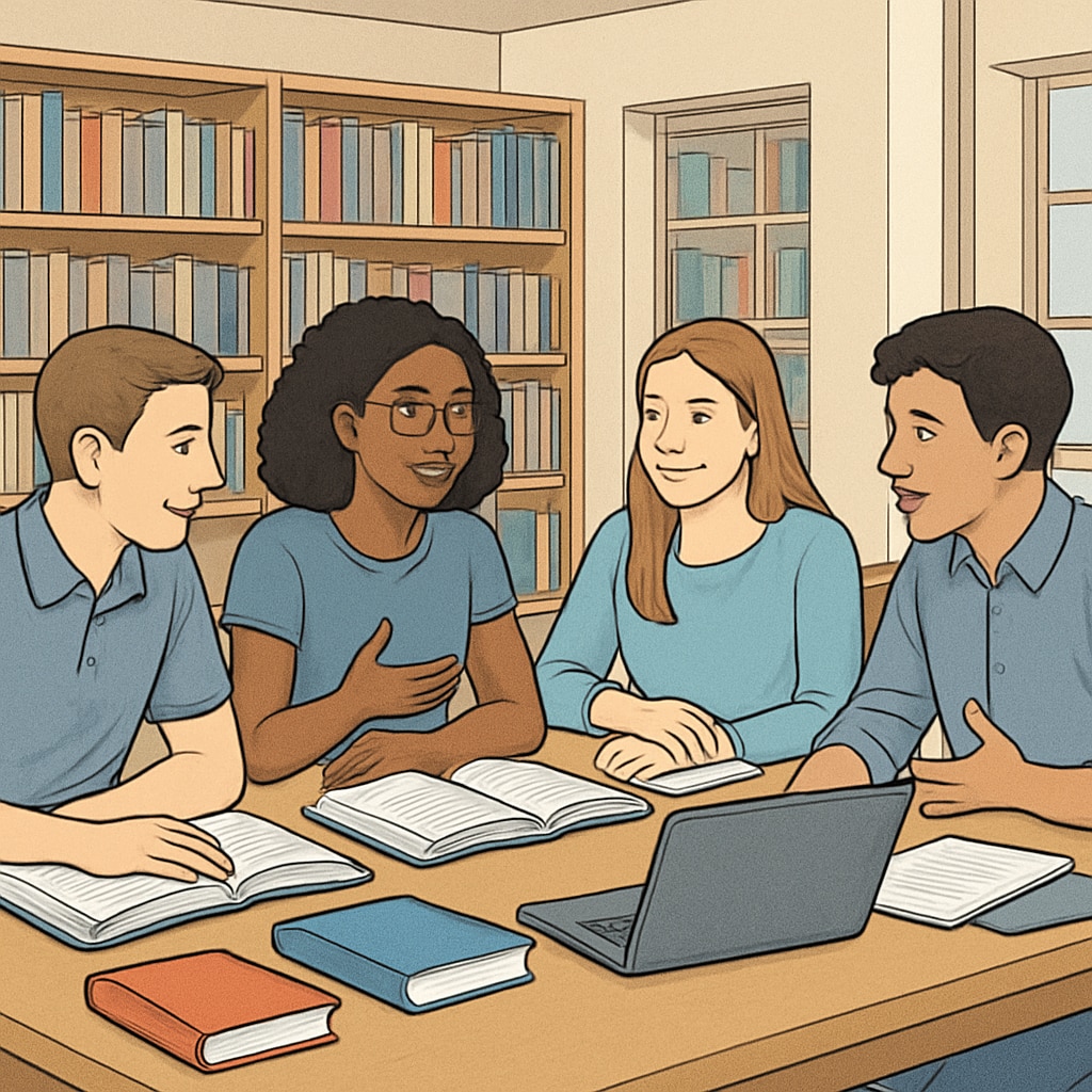 A group of students sitting in a library, discussing a project together, showcasing a typical study group setting. Students in a library participating in a study group, emphasizing collaboration.