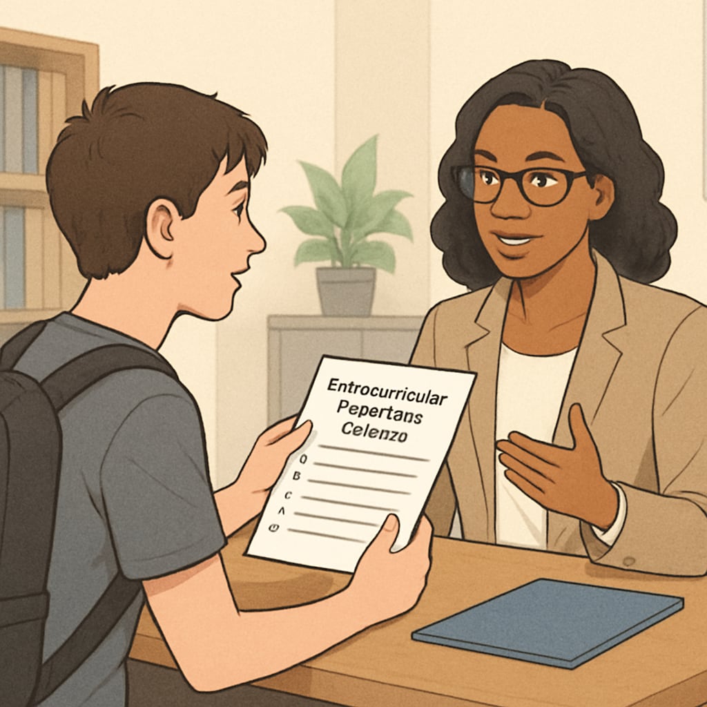 A high school student speaking with a counselor, showing a list of extracurricular programs and courses. High school student consulting a counselor about extracurricular learning programs.