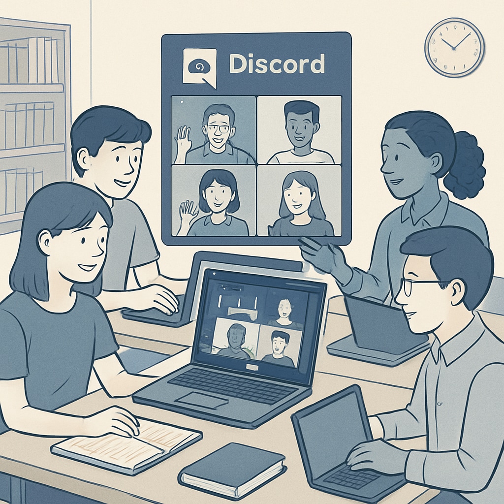 Students on laptops using Discord in a virtual study session, demonstrating collaborative learning through technology. Students using Discord for virtual study groups, highlighting the use of technology.