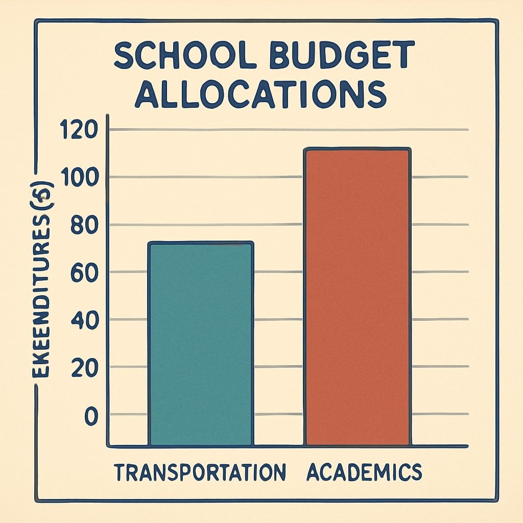 A graph illustrating how school budgets are divided, comparing transportation costs to academic expenditures. Graph showing school budget allocation, including transportation costs and academic spending.