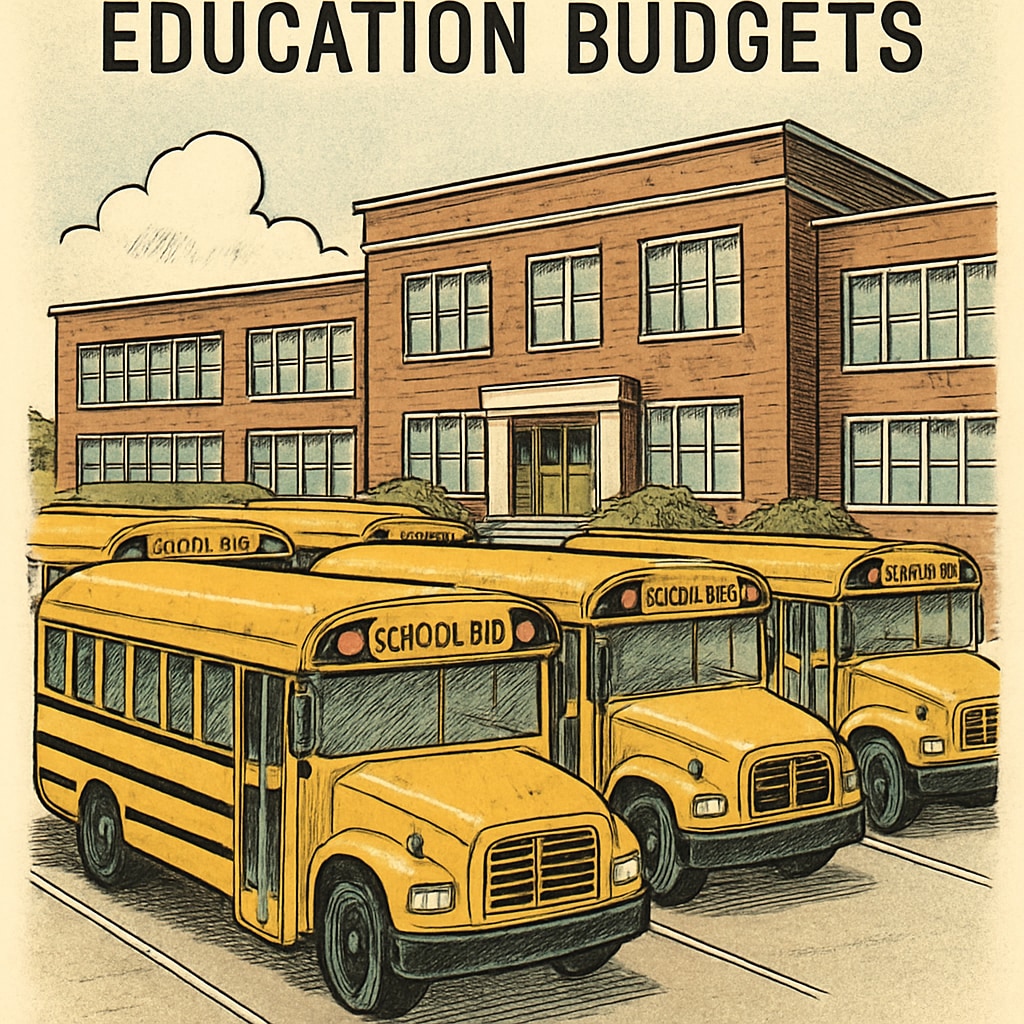 A fleet of school buses parked outside a school, visually representing transportation's role in education budgets. School buses parked in front of a school, highlighting transportation spending in education.