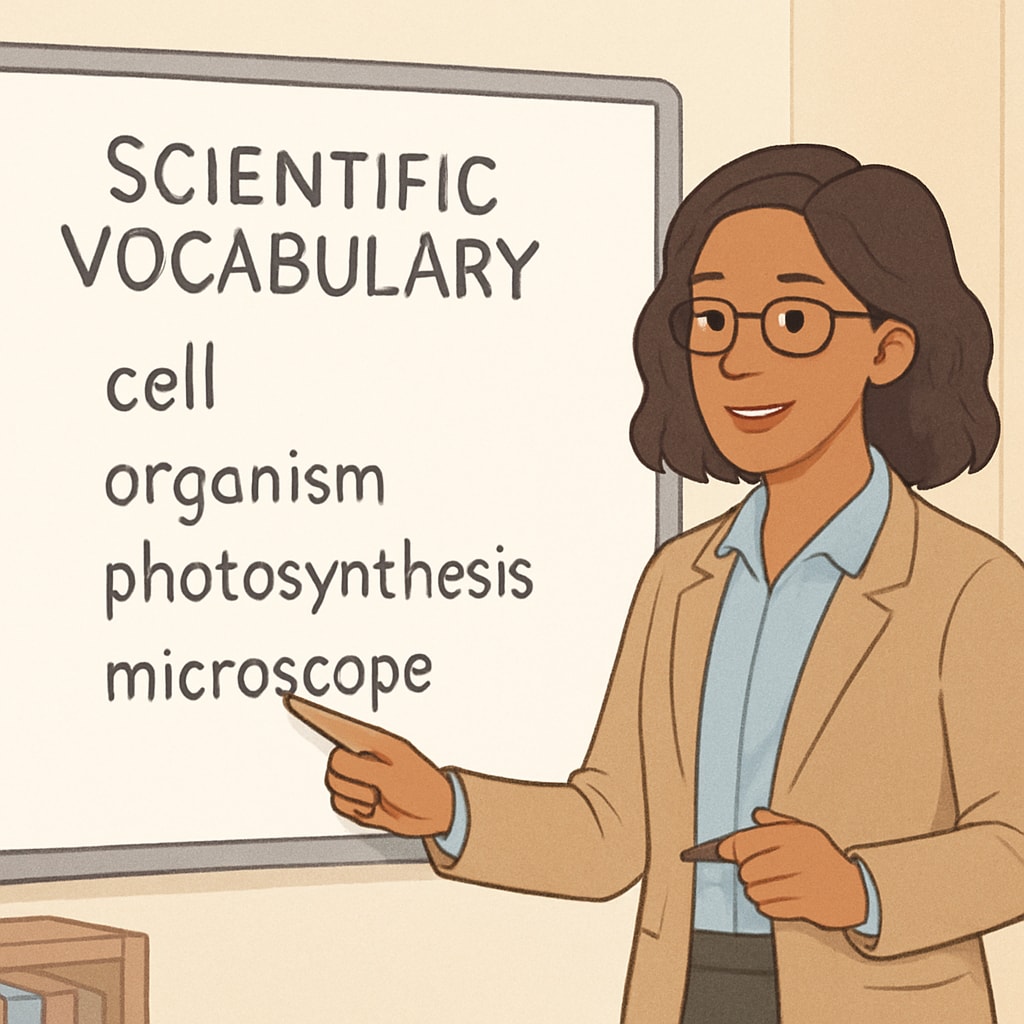 A teacher using a whiteboard to pre-teach scientific vocabulary to English learners. Teacher explaining scientific terms to a class with visual aids, supporting English learners.