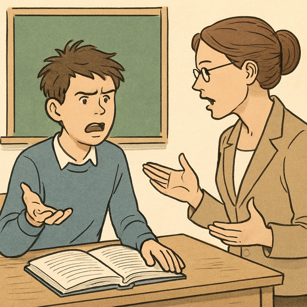 A frustrated student talking to a teacher, emphasizing the need for clarity in academic expectations. A student and teacher discussing academic expectations to avoid misunderstandings about plagiarism.