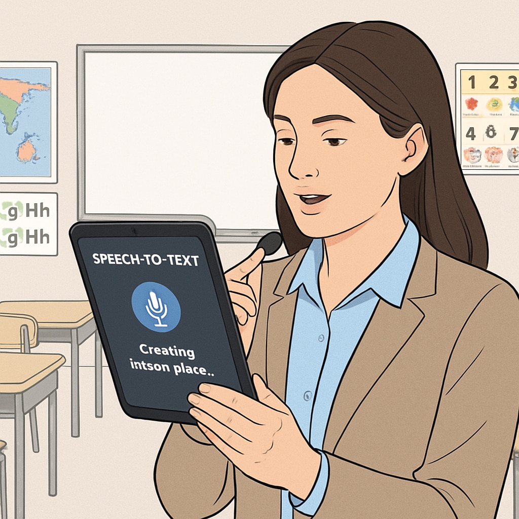 A teacher using a speech-to-text app on their tablet to create lesson plans, with a classroom setting in the background. Teacher utilizing WillowVoice speech-to-text app to enhance lesson planning.